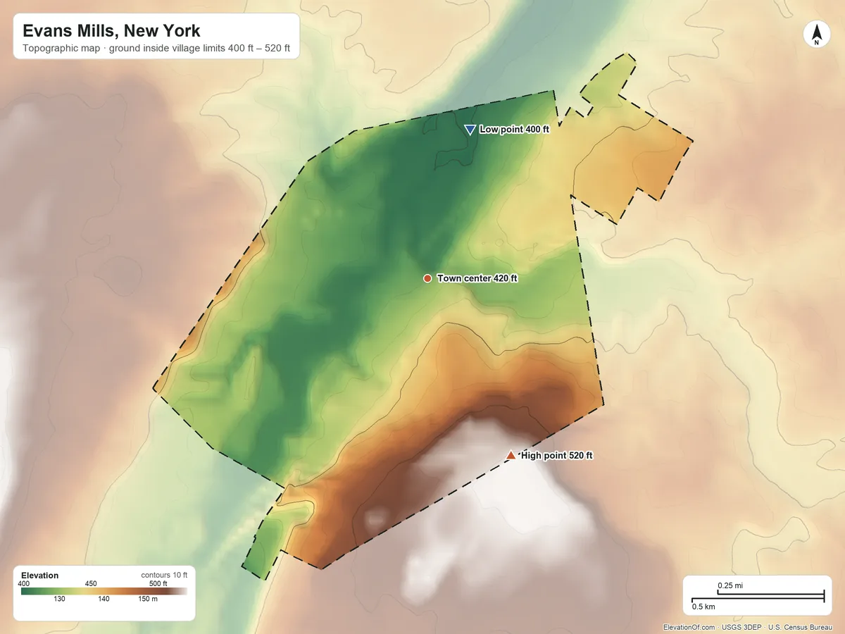 Topographic elevation map of Evans Mills, New York, shaded from 400 ft on the north side to 520 ft on the southeast side