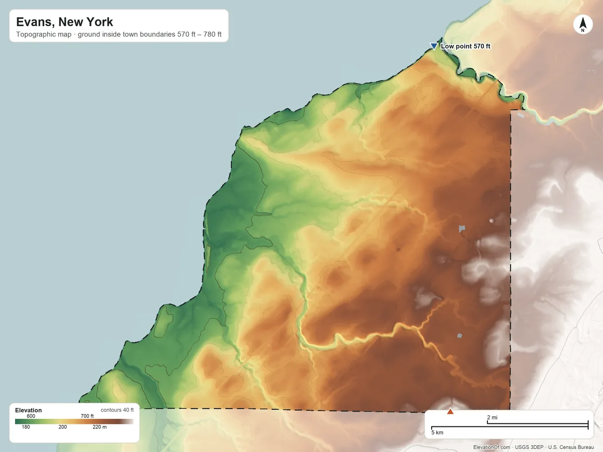 Topographic elevation map of Evans, New York, shaded from 570 ft on the northeast side to 780 ft on the southeast side