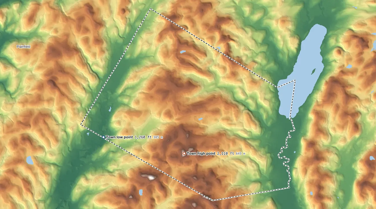 Topographic elevation map of Exeter, New York, shaded from 1,260 ft on the west side to 2,110 ft on Angel Hill