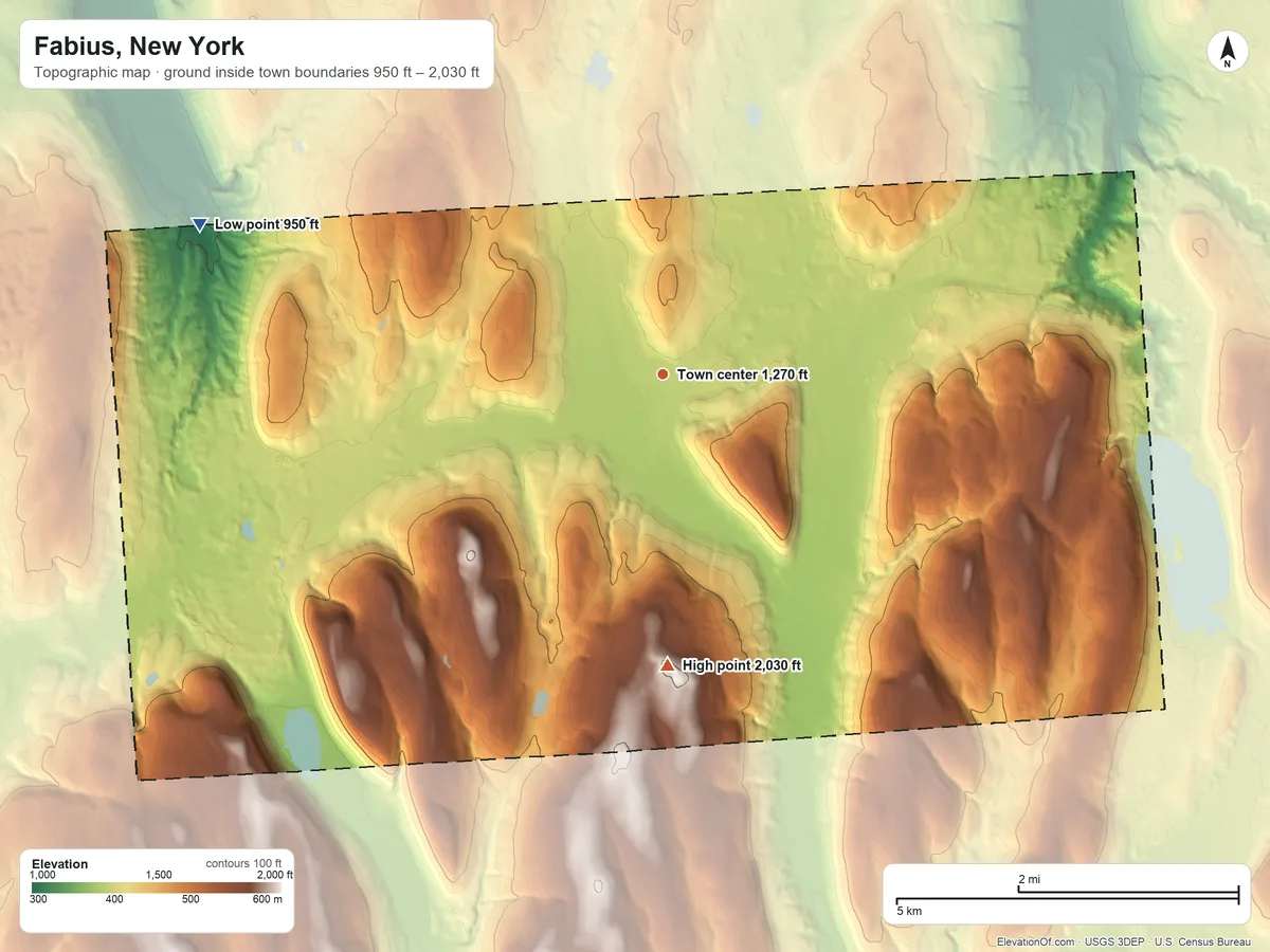 Topographic elevation map of Fabius, New York, shaded from 950 ft on the west side to 2,030 ft on the south side