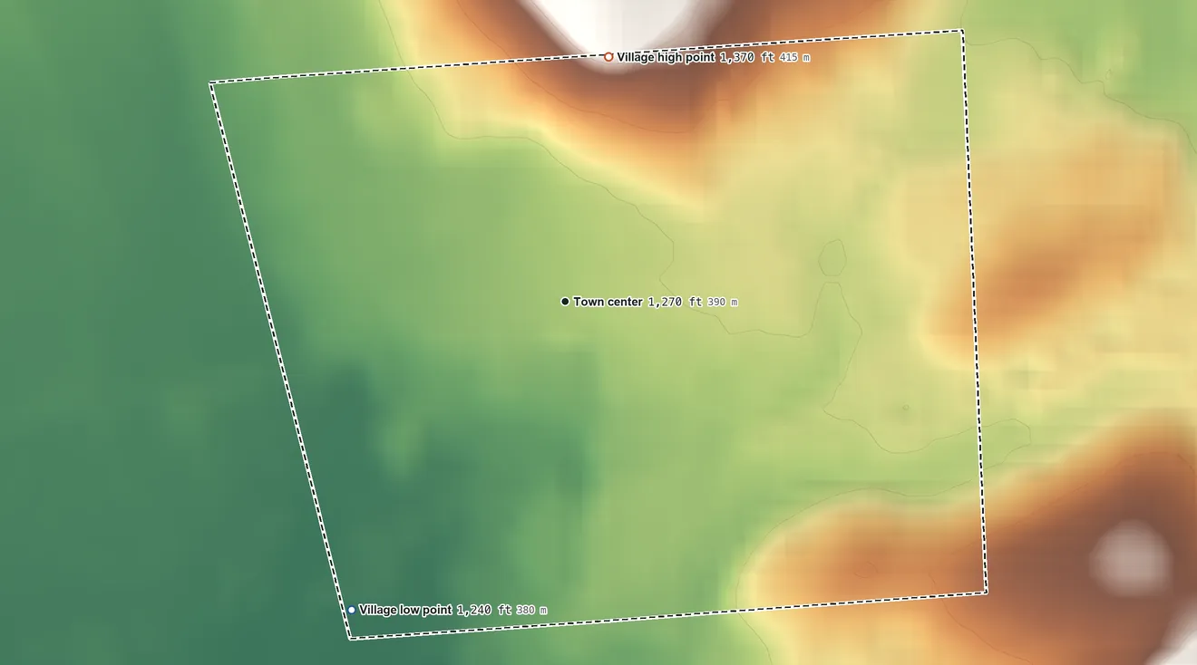 Topographic elevation map of Village of Fabius, New York, shaded from 1,240 ft on the southwest side to 1,370 ft on the north edge, below higher ground just outside