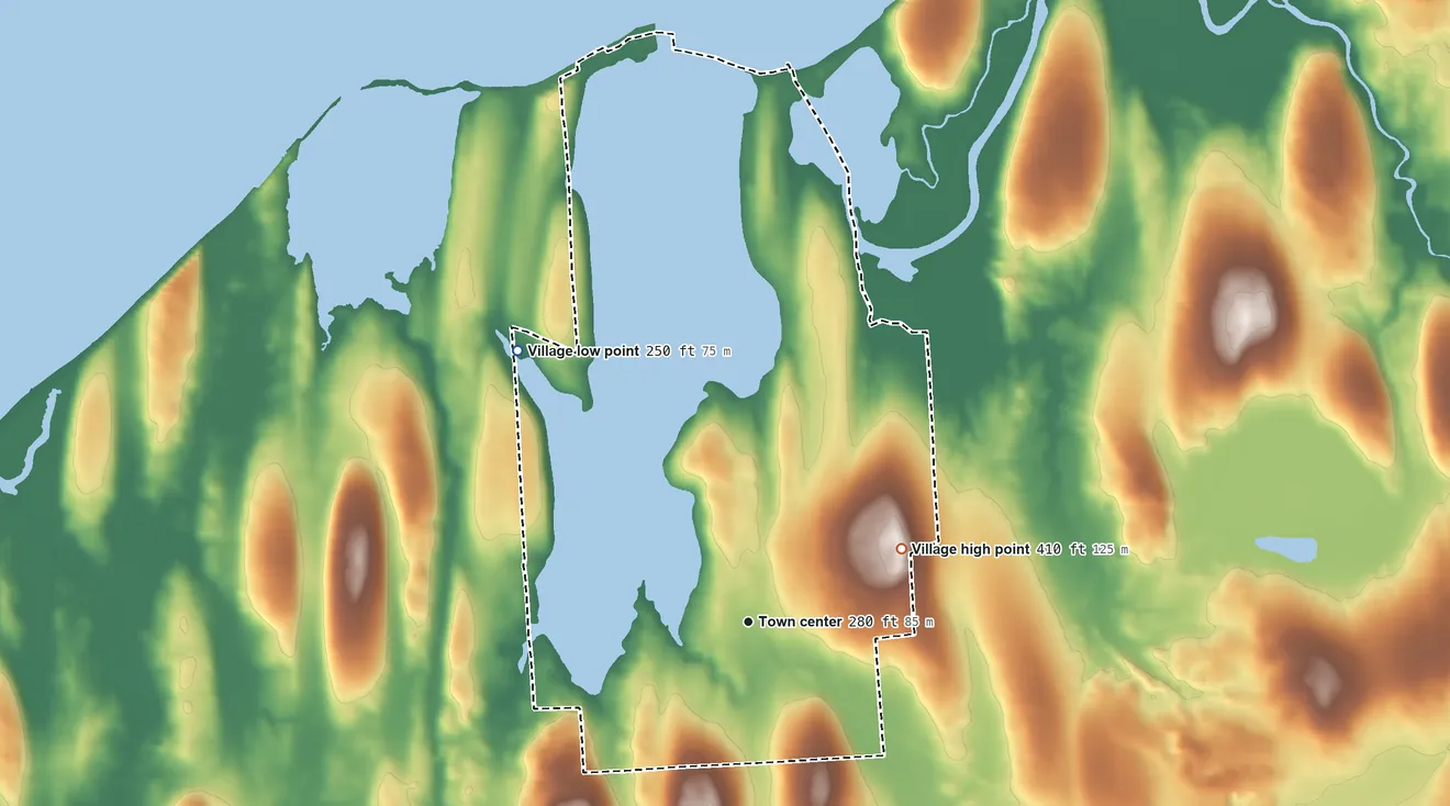 Topographic elevation map of Fair Haven, New York, shaded from 250 ft on the northwest side to 410 ft on Wilde Hill