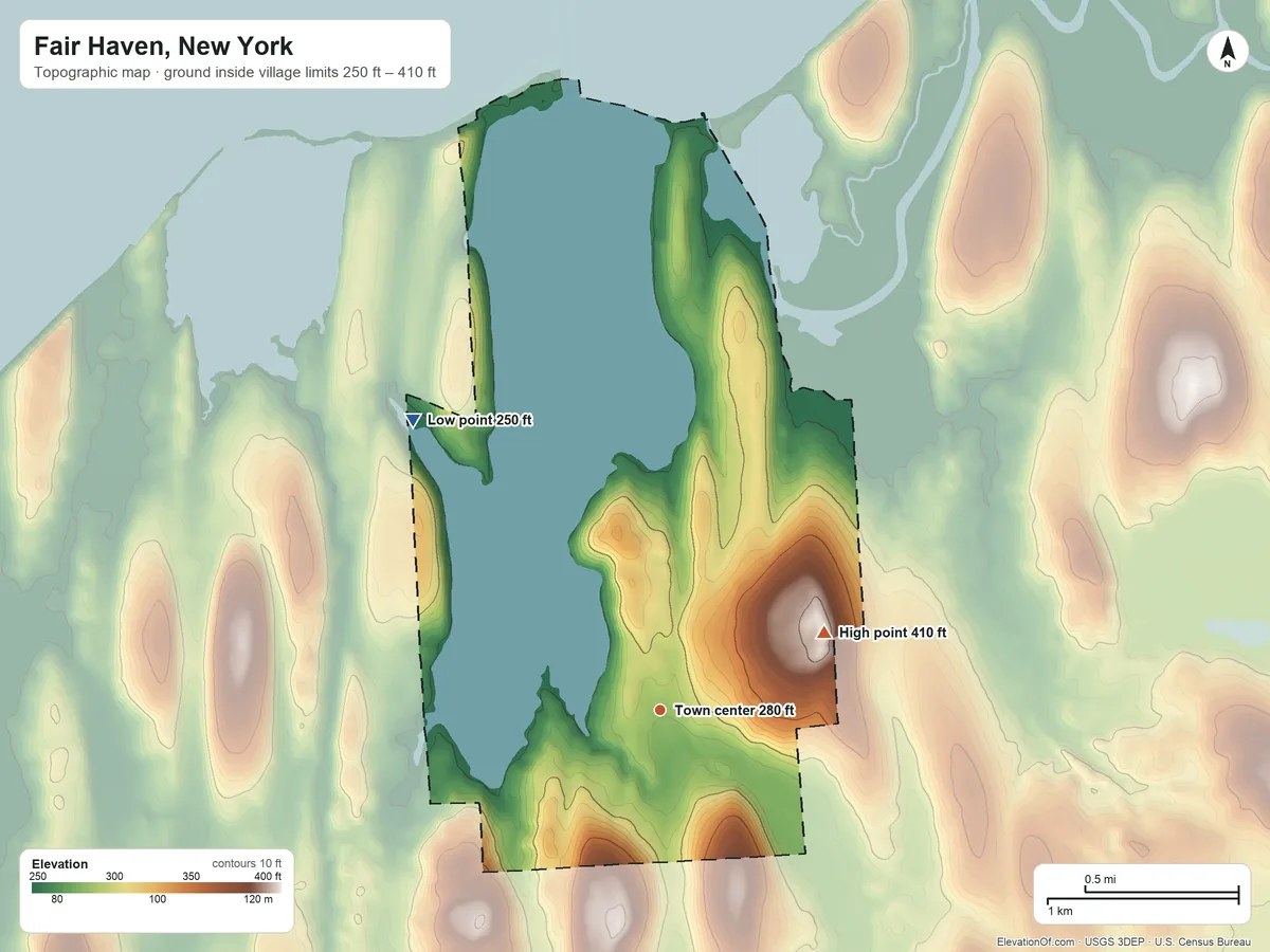 Topographic elevation map of Fair Haven, New York, shaded from 250 ft on the northwest side to 410 ft on Wilde Hill