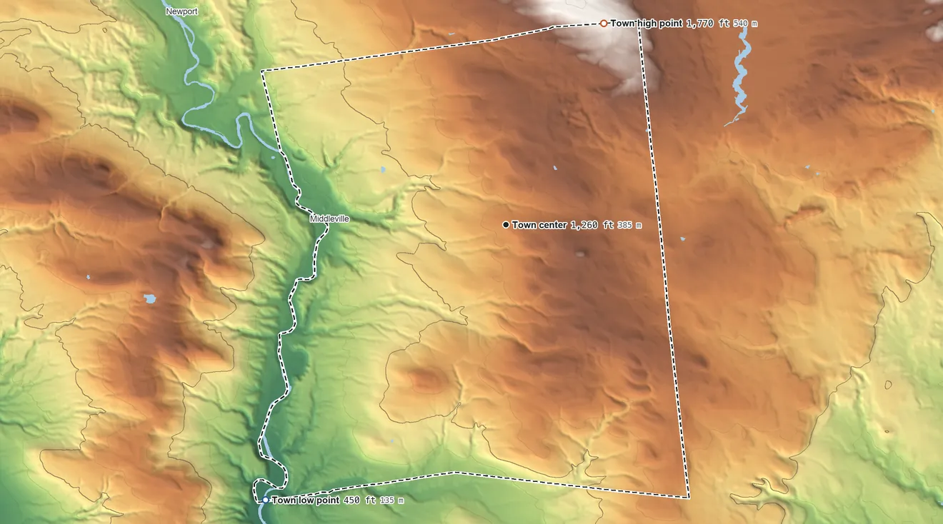Topographic elevation map of Fairfield, New York, shaded from 450 ft on the southwest side to 1,770 ft on the northeast side