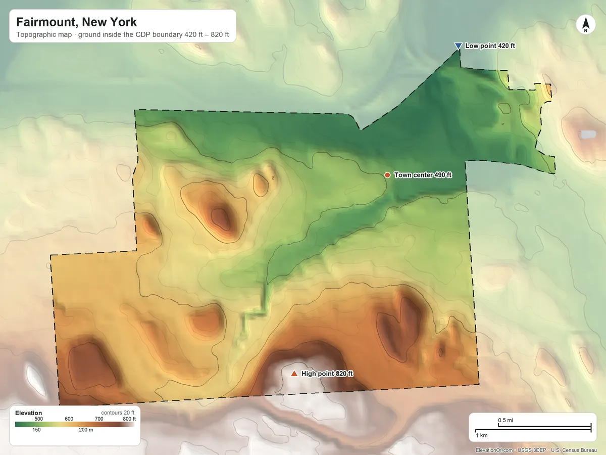 Topographic elevation map of Fairmount, New York, shaded from 420 ft on the northeast side to 820 ft on the southwest side