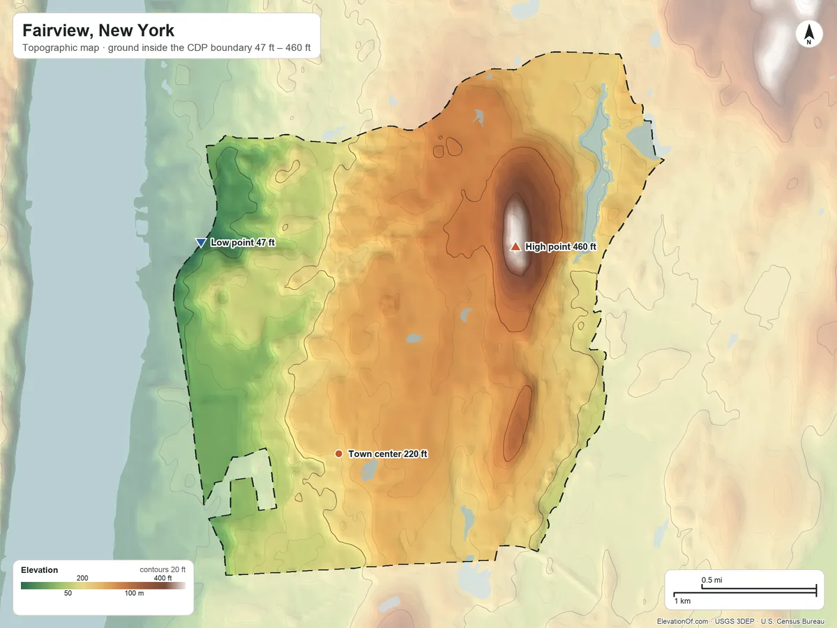 Topographic elevation map of Fairview, New York, shaded from 47 ft on the northwest side to 460 ft on the northeast side