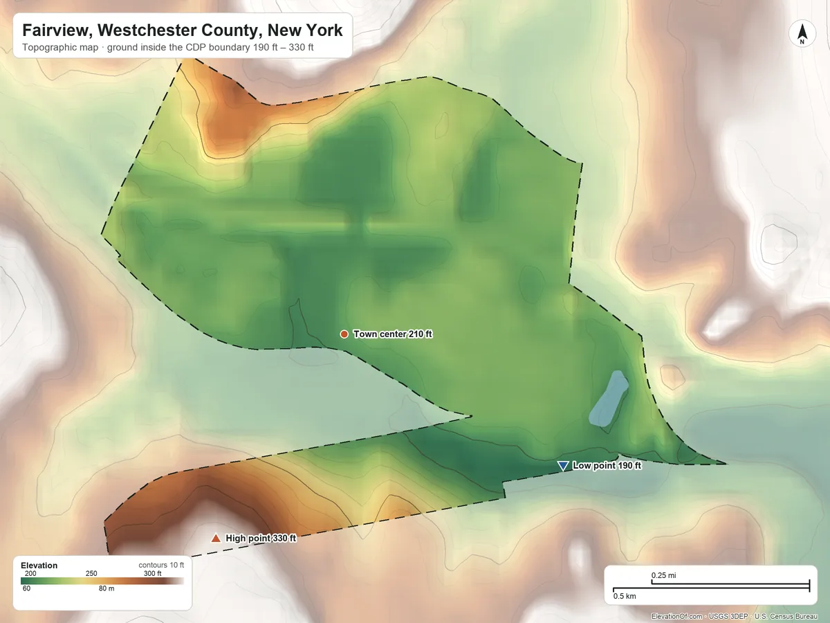 Topographic elevation map of Fairview, Westchester County, New York, shaded from 190 ft on the southeast side to 330 ft on the southwest side