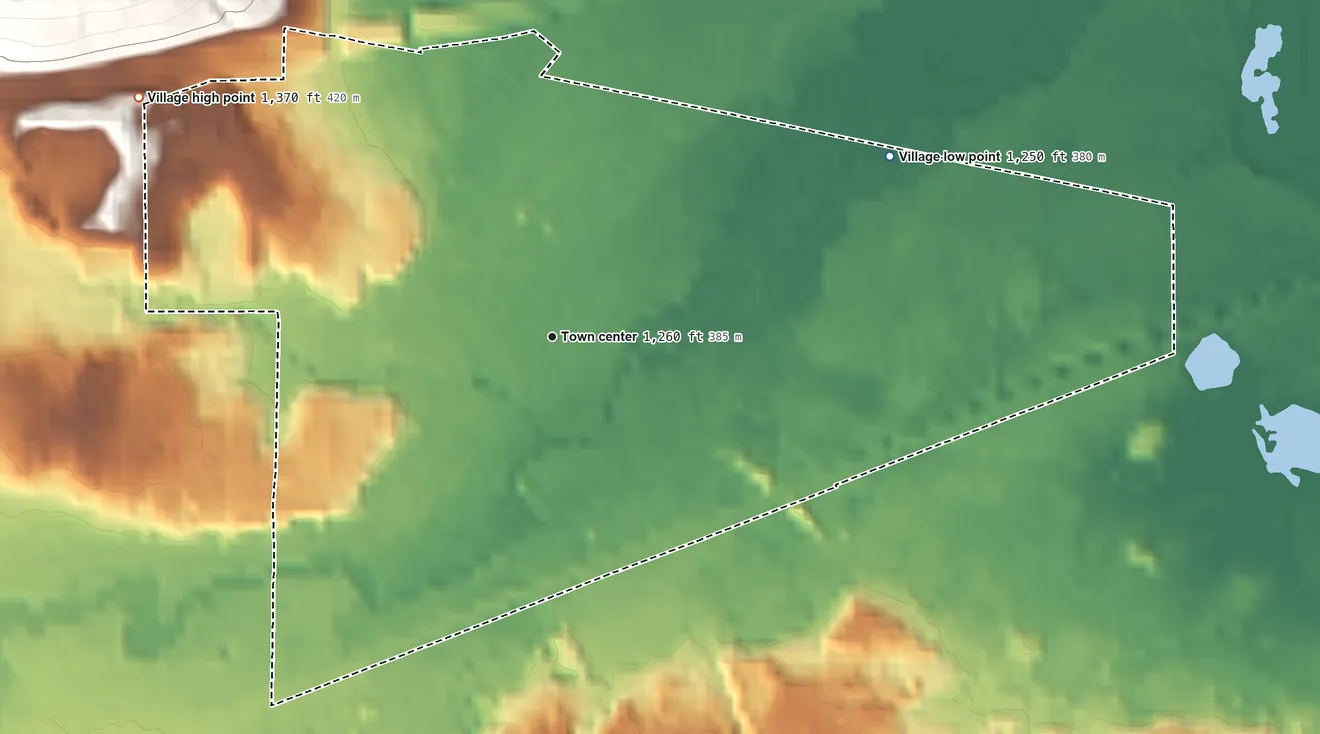 Topographic elevation map of Falconer, New York, shaded from 1,250 ft on the northeast side to 1,370 ft on the northwest edge, below higher ground just outside