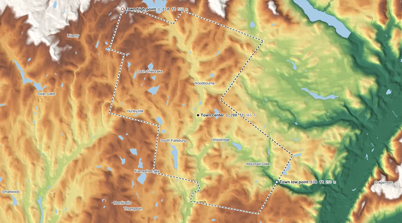 Topographic elevation map of Fallsburg, New York, shaded from 830 ft on the southeast side to 1,810 ft on the northwest side
