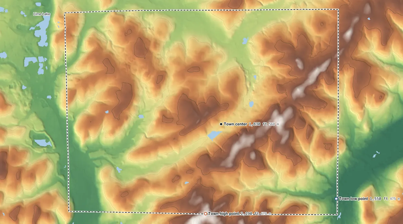Topographic elevation map of Farmersville, New York, shaded from 1,550 ft on the southeast side to 2,190 ft on the south side