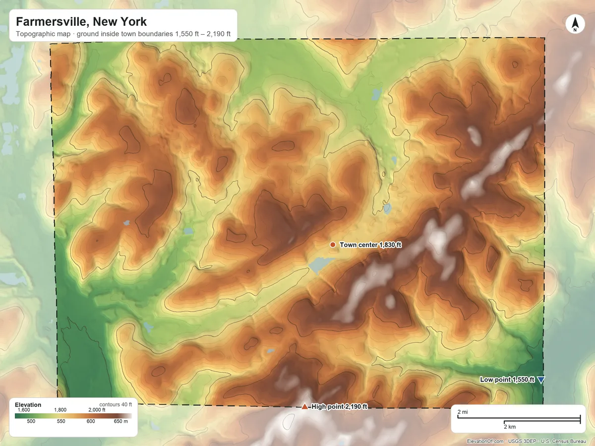 Topographic elevation map of Farmersville, New York, shaded from 1,550 ft on the southeast side to 2,190 ft on the south side
