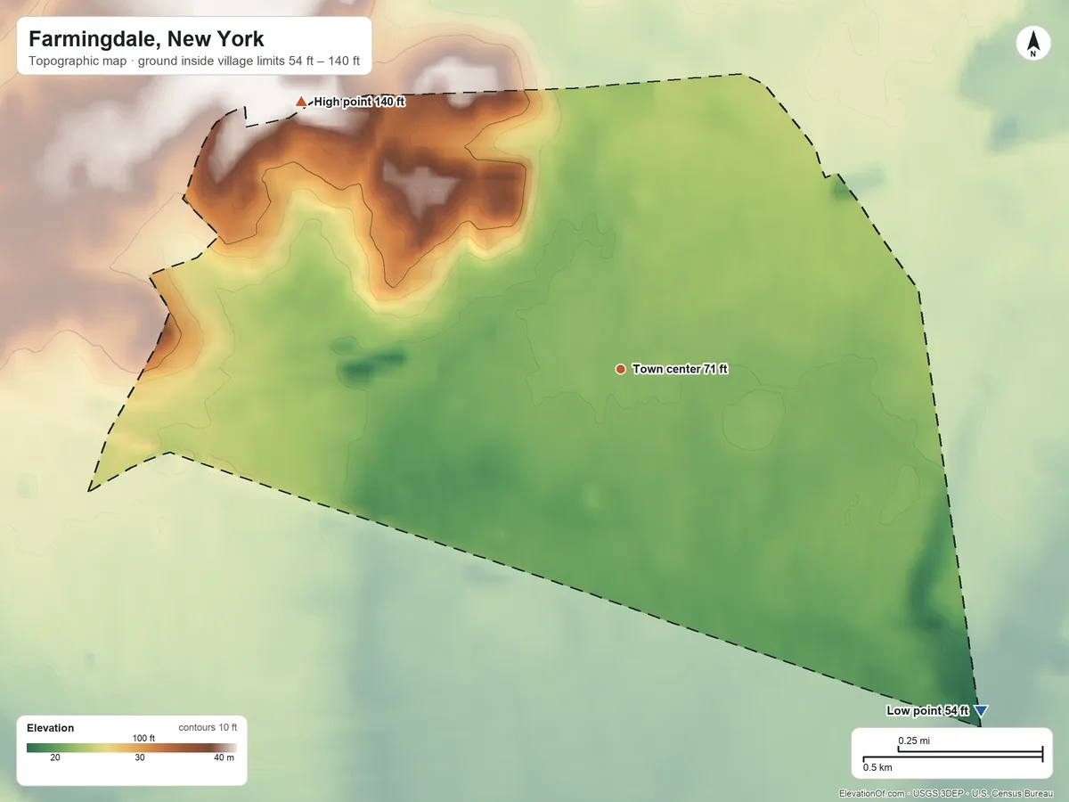 Topographic elevation map of Farmingdale, New York, shaded from 54 ft on the southeast side to 140 ft on the northwest side
