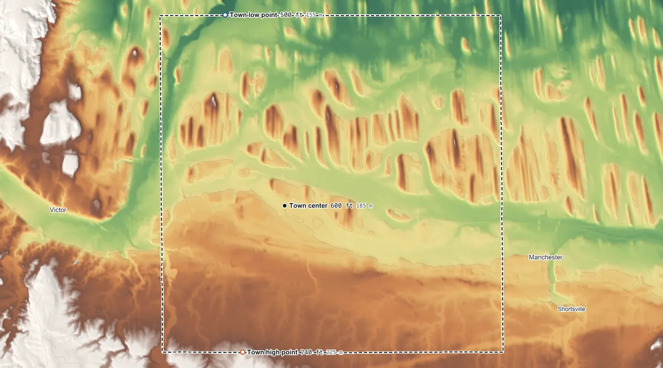 Topographic elevation map of Farmington, New York, shaded from 500 ft on the north side to 740 ft on the south side
