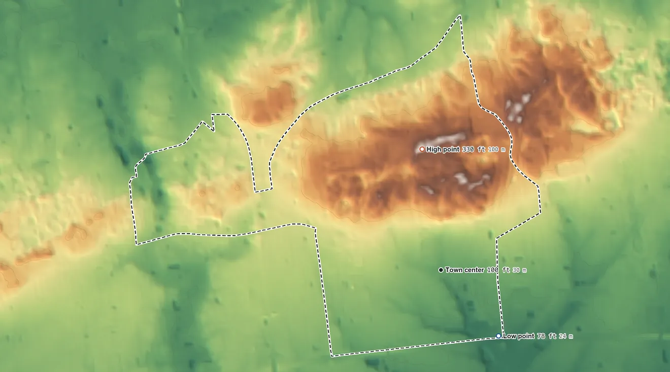 Topographic elevation map of Farmingville, New York, shaded from 78 ft on the southeast side to 330 ft on the north side