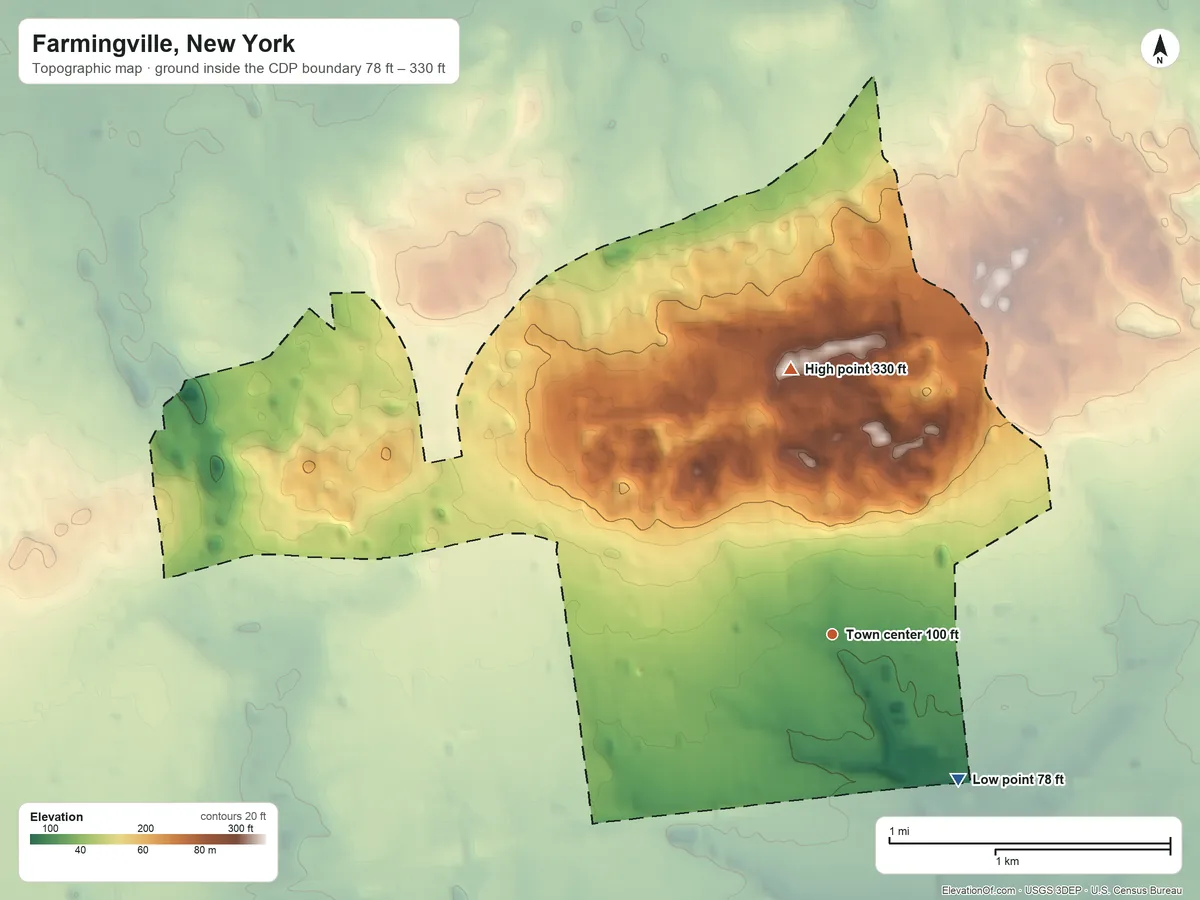 Topographic elevation map of Farmingville, New York, shaded from 78 ft on the southeast side to 330 ft on the north side