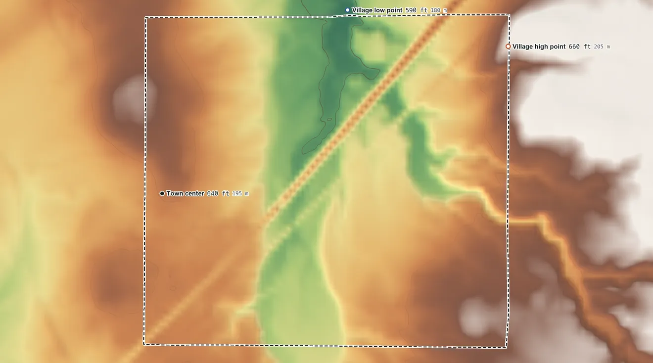 Topographic elevation map of Farnham, New York, shaded from 590 ft on the northeast side to 660 ft on the northeast side