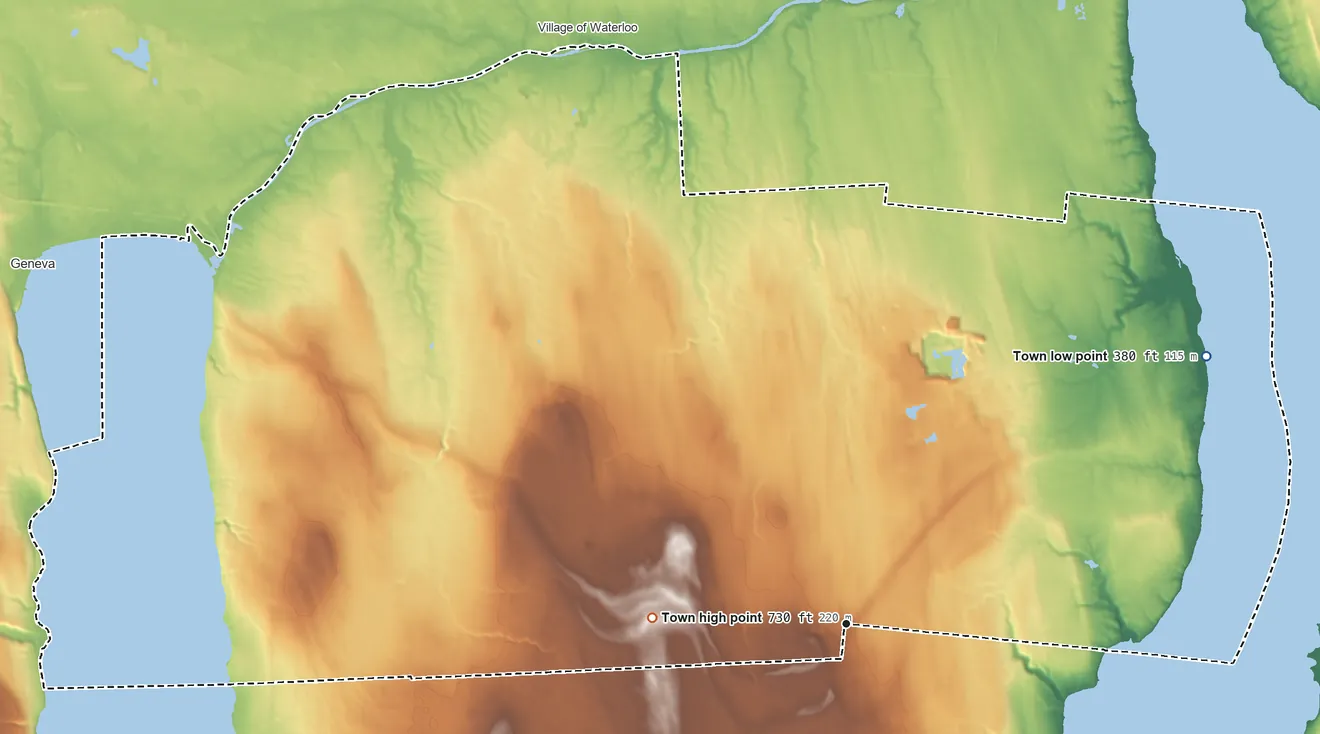 Topographic elevation map of Fayette, New York, shaded from 380 ft on the northeast side to 730 ft on the west side