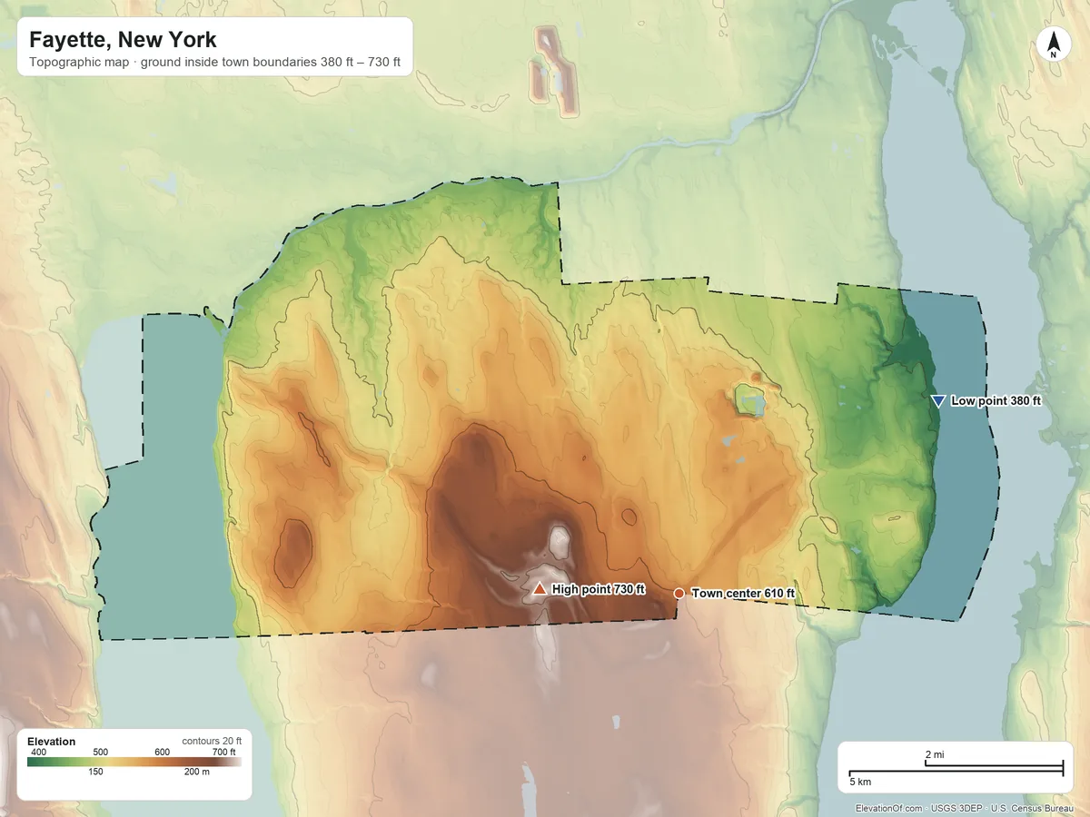 Topographic elevation map of Fayette, New York, shaded from 380 ft on the northeast side to 730 ft on the west side