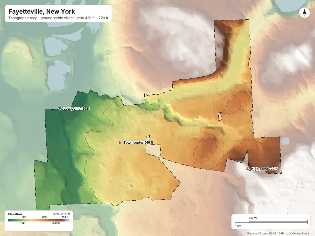 Topographic elevation map of Fayetteville, New York, shaded from 420 ft on the northwest side to 720 ft on the east side