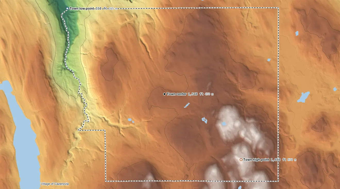 Topographic elevation map of Fenner, New York, shaded from 550 ft on the northwest side to 1,880 ft on the southeast side