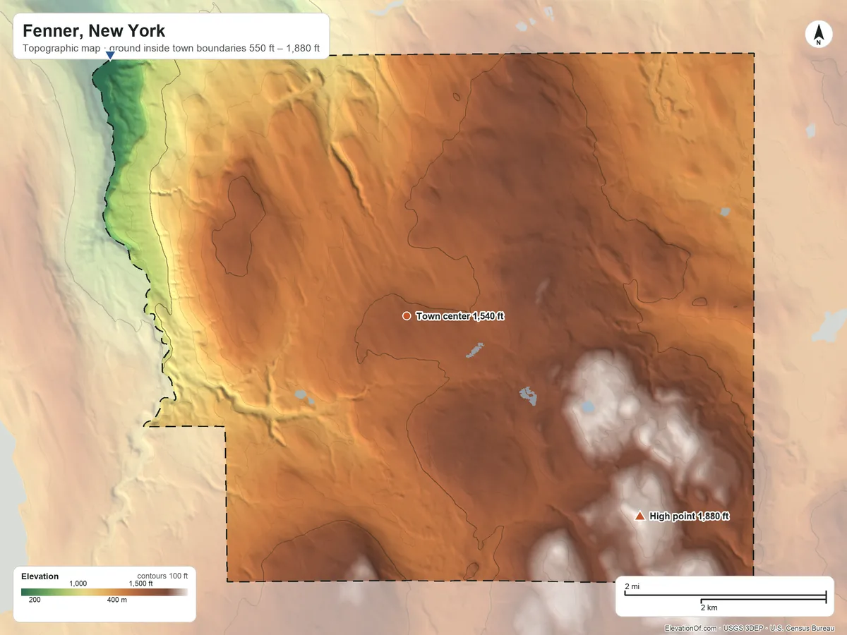 Topographic elevation map of Fenner, New York, shaded from 550 ft on the northwest side to 1,880 ft on the southeast side