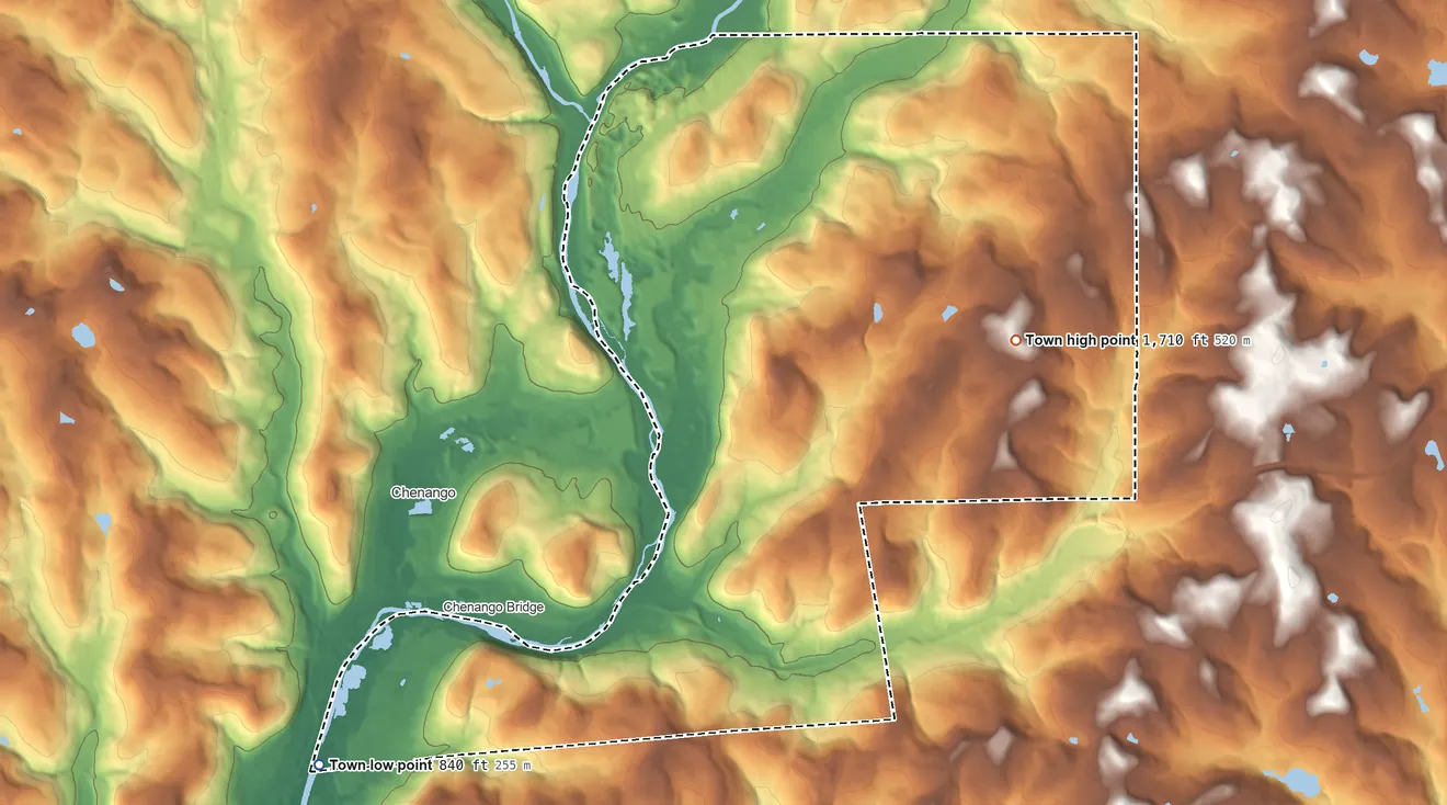 Topographic elevation map of Fenton, New York, shaded from 840 ft on the southwest side to 1,710 ft on the northeast side