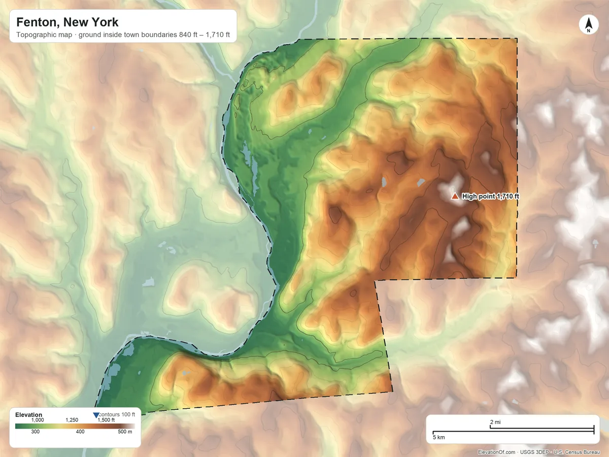 Topographic elevation map of Fenton, New York, shaded from 840 ft on the southwest side to 1,710 ft on the northeast side