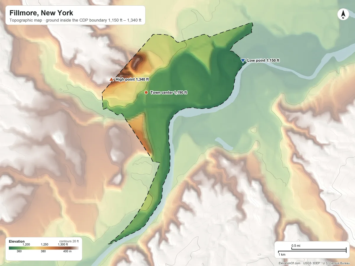 Topographic elevation map of Fillmore, New York, shaded from 1,150 ft on the east side to 1,340 ft on the west side