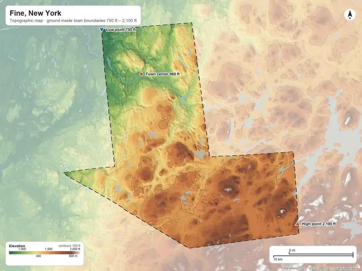 Topographic elevation map of Fine, New York, shaded from 750 ft on the northwest side to 2,100 ft on the southeast edge, below higher ground just outside