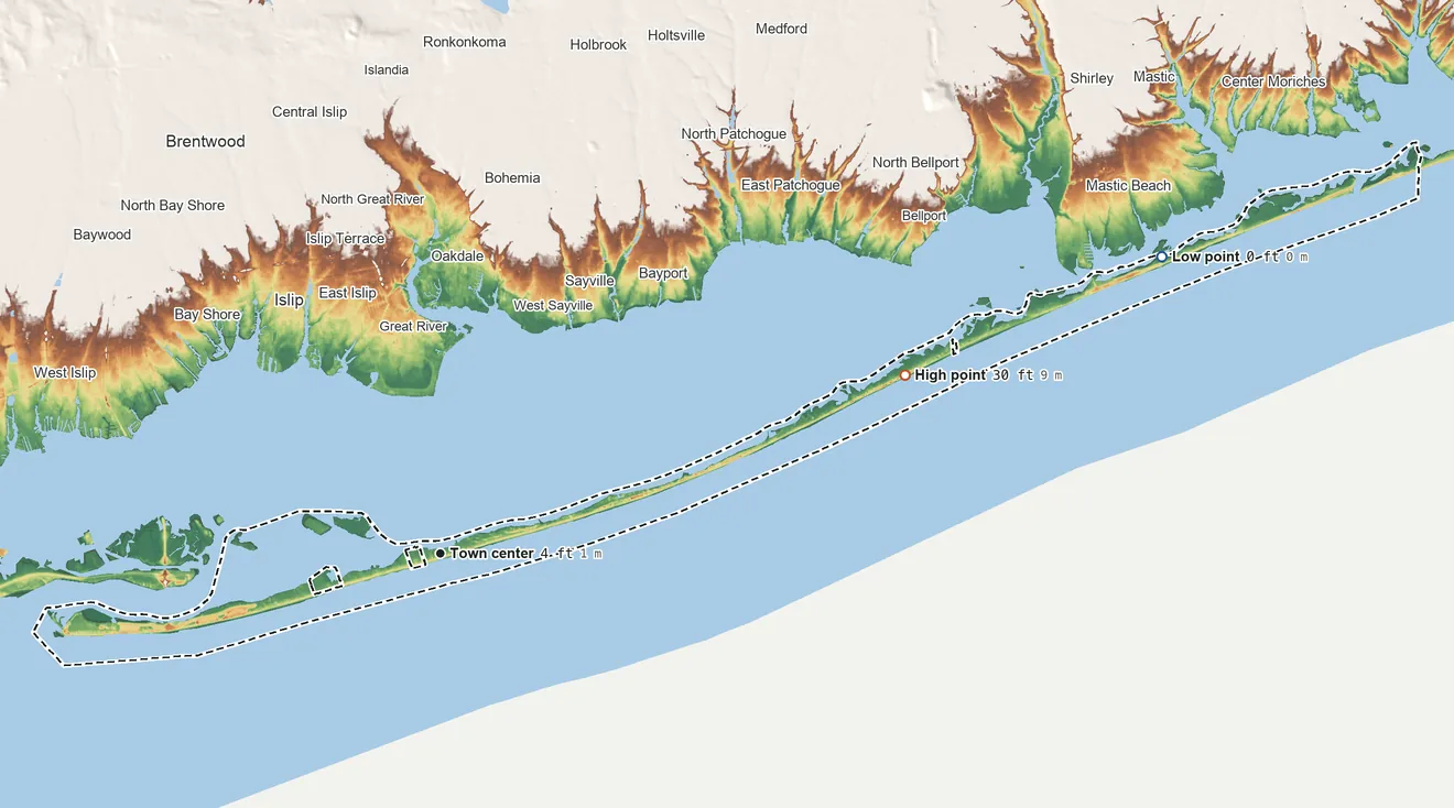 Topographic elevation map of Fire Island, New York, shaded from sea level level on Great South Bay to 30 ft on the east side