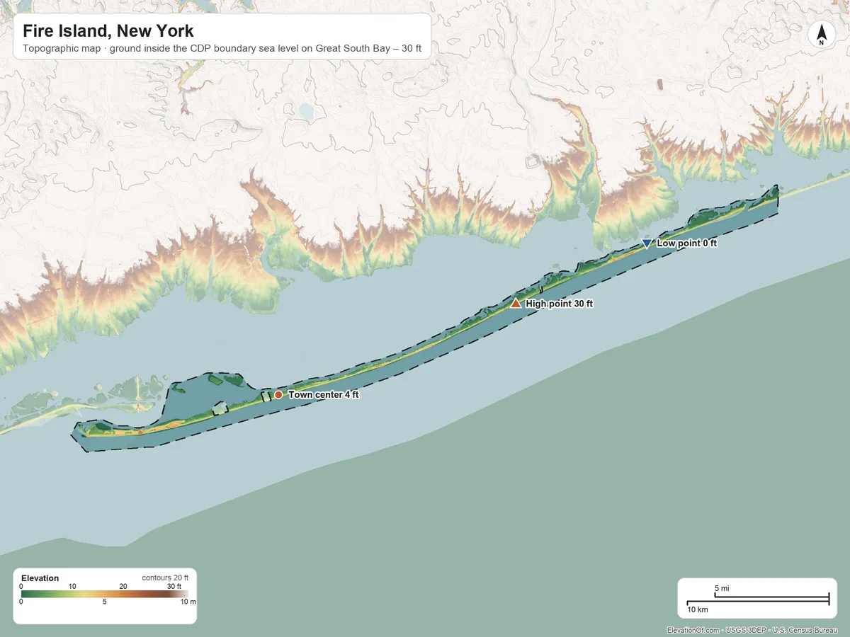 Topographic elevation map of Fire Island, New York, shaded from sea level level on Great South Bay to 30 ft on the east side