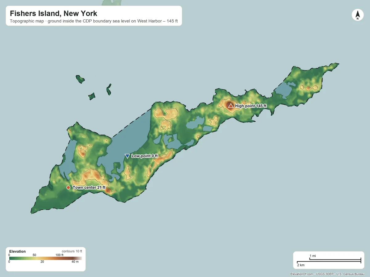 Topographic elevation map of Fishers Island, New York, shaded from sea level level on West Harbor to 145 ft on Chocomount