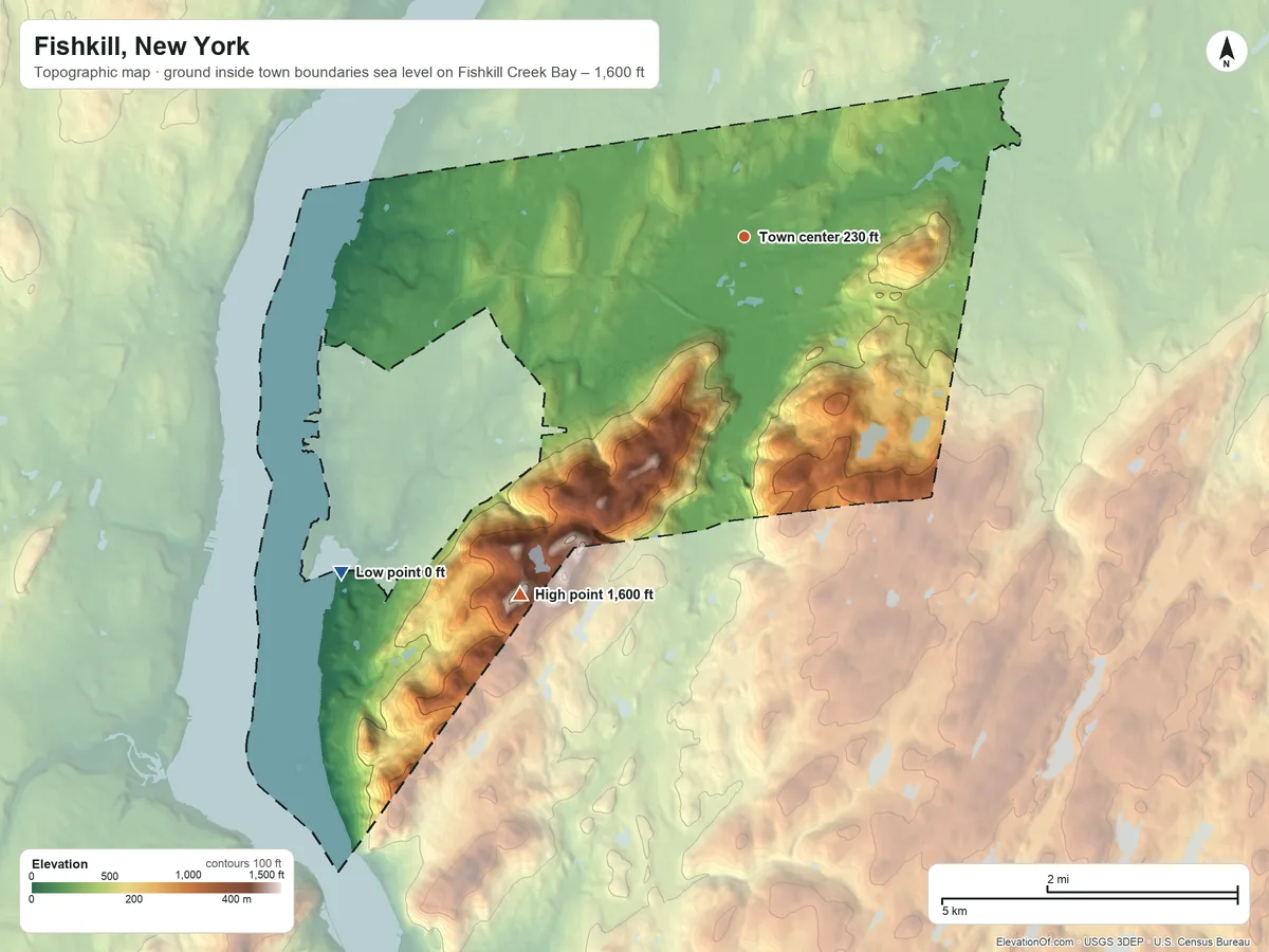 Topographic elevation map of Fishkill, New York, shaded from sea level level on Fishkill Creek Bay to 1,600 ft on South Beacon Mountain