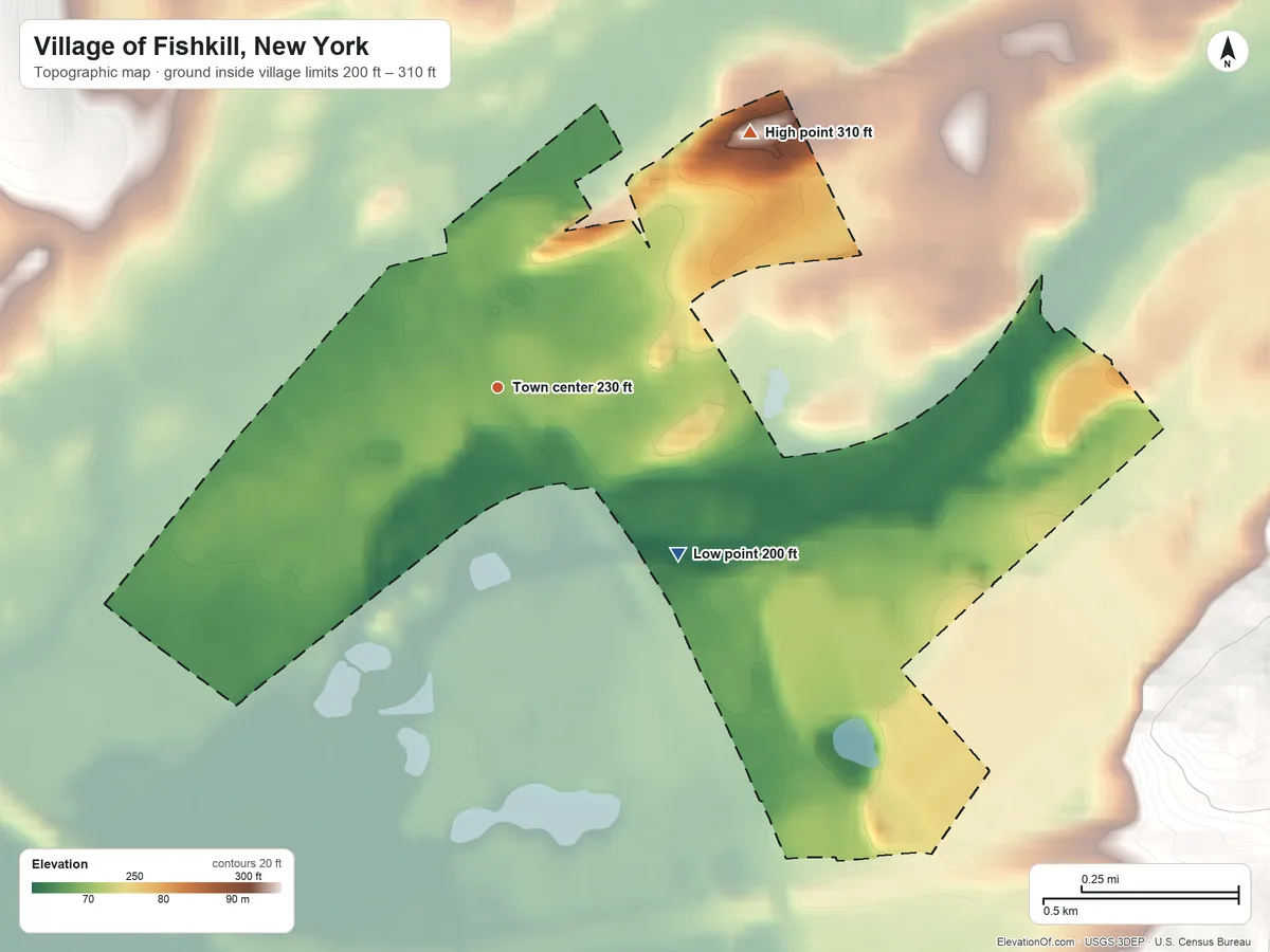 Topographic elevation map of Village of Fishkill, New York, shaded from 200 ft on the southeast side to 310 ft at the foot of the Marlboro Mountains