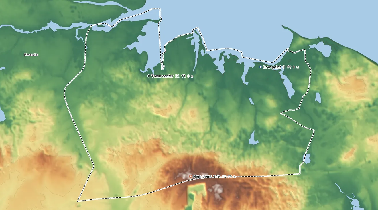 Topographic elevation map of Flanders, New York, shaded from sea level level on Flanders Bay to 240 ft on Flanders Hill