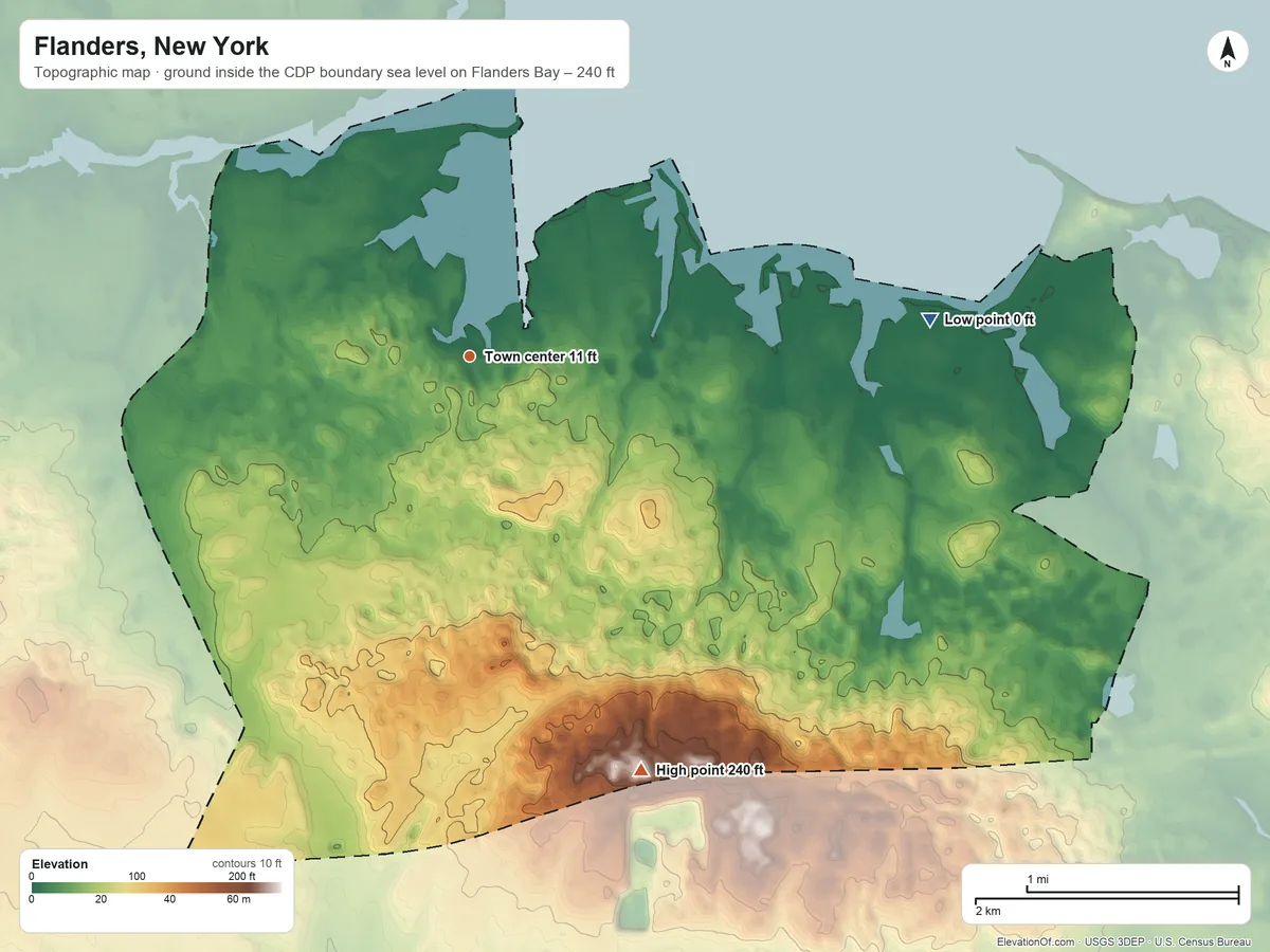 Topographic elevation map of Flanders, New York, shaded from sea level level on Flanders Bay to 240 ft on Flanders Hill