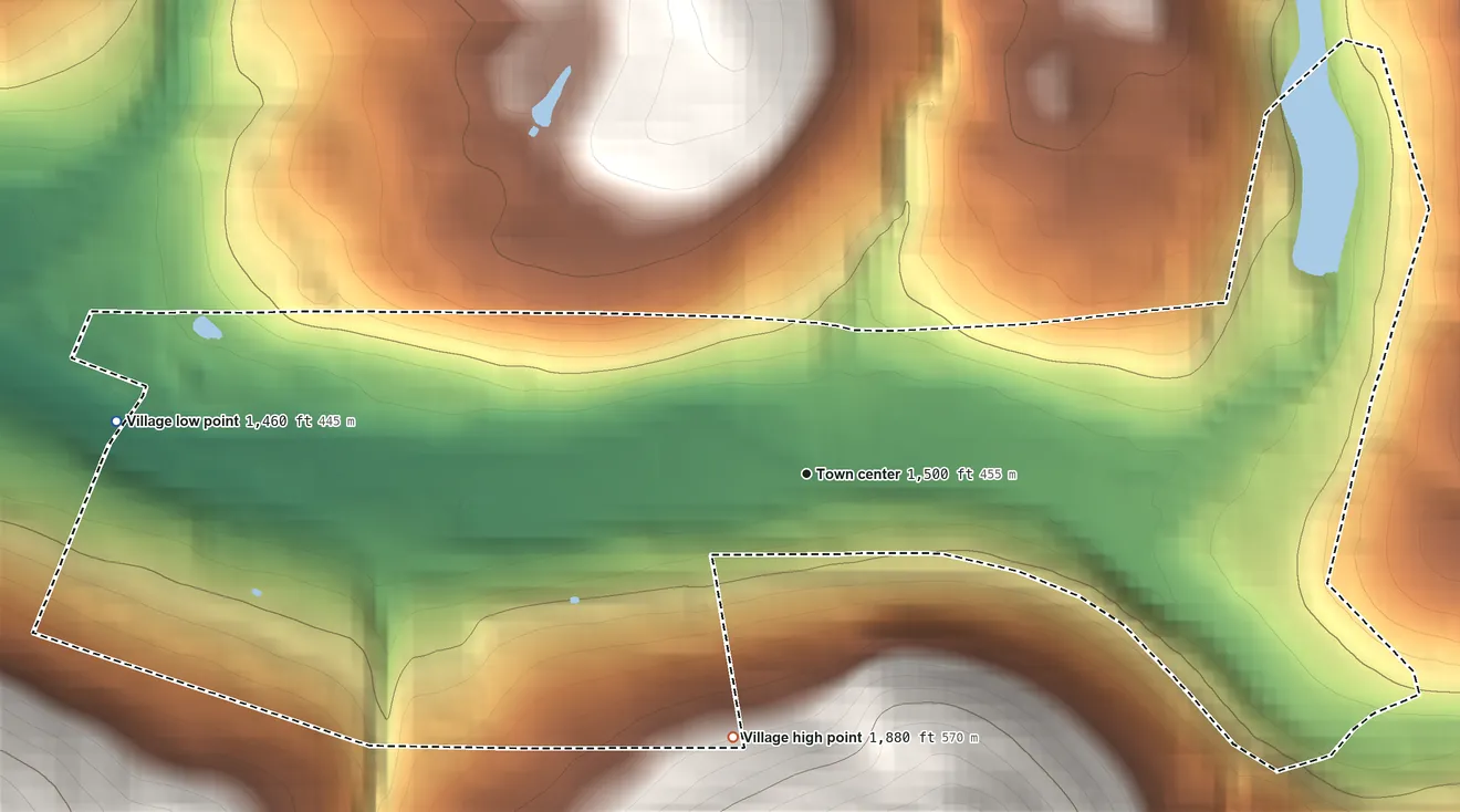 Topographic elevation map of Fleischmanns, New York, shaded from 1,460 ft on the west side to 1,880 ft at the foot of the Beaver Kill Range