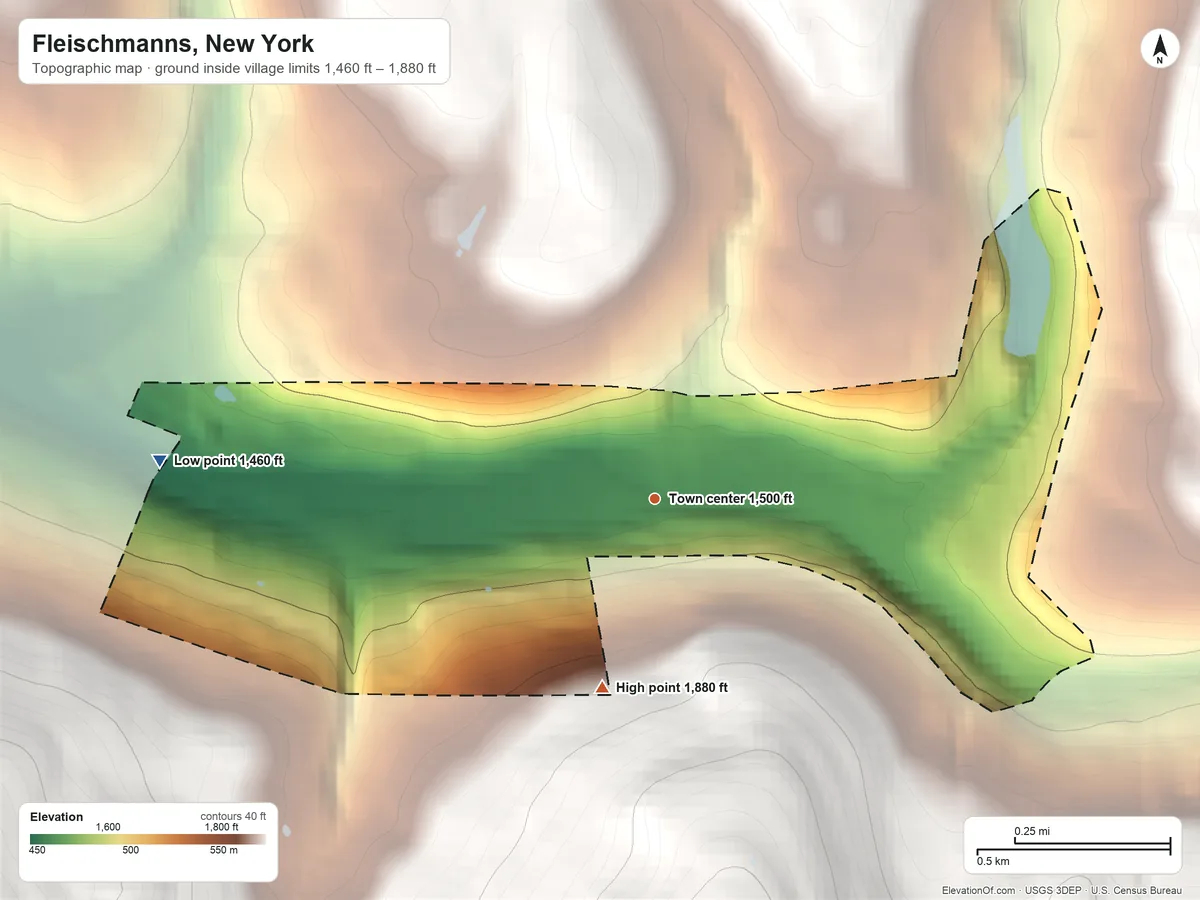 Topographic elevation map of Fleischmanns, New York, shaded from 1,460 ft on the west side to 1,880 ft at the foot of the Beaver Kill Range