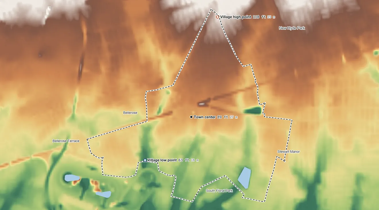 Topographic elevation map of Floral Park, New York, shaded from 63 ft on the southwest side to 110 ft on the north side