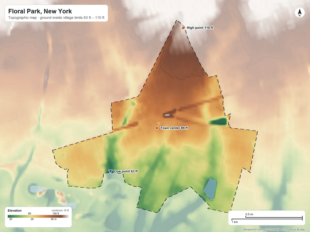 Topographic elevation map of Floral Park, New York, shaded from 63 ft on the southwest side to 110 ft on the north side
