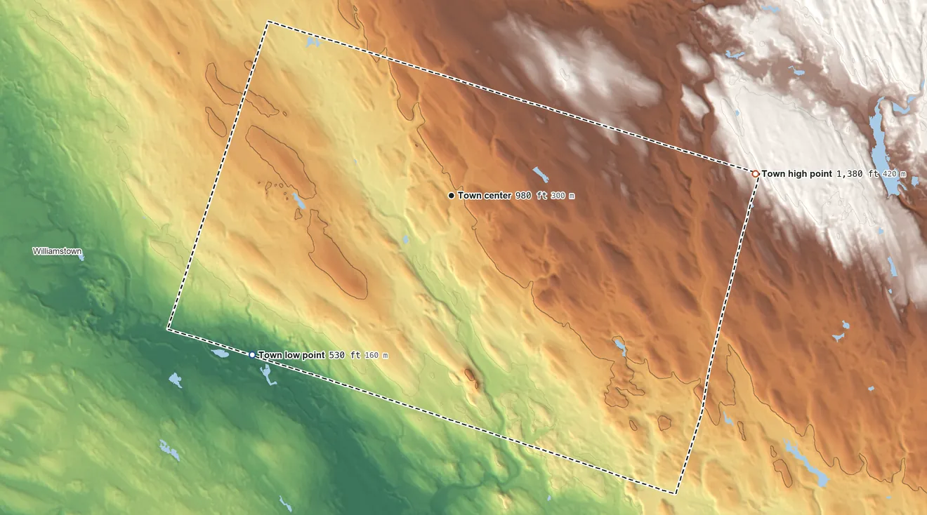 Topographic elevation map of Florence, New York, shaded from 530 ft on the southwest side to 1,380 ft on the east side
