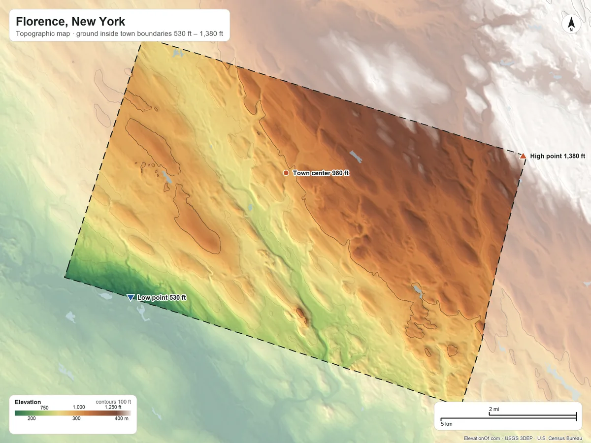 Topographic elevation map of Florence, New York, shaded from 530 ft on the southwest side to 1,380 ft on the east side