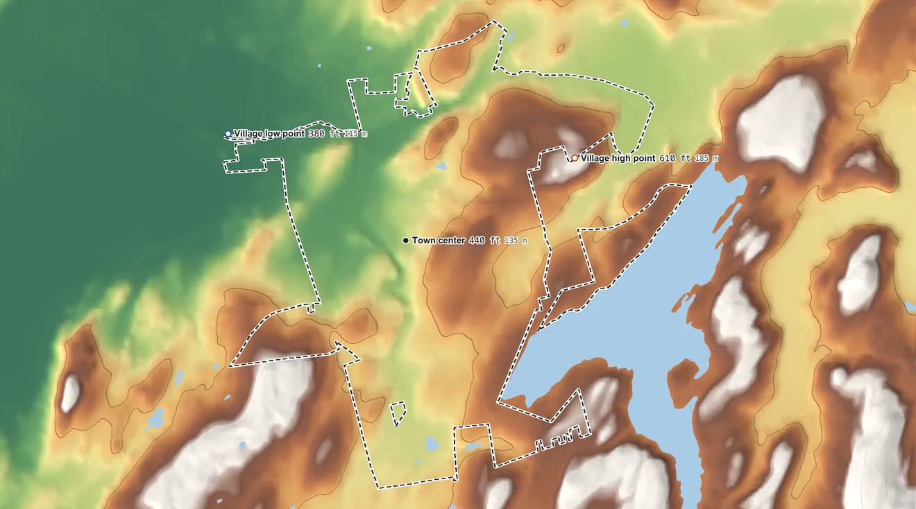 Topographic elevation map of Florida, New York, shaded from 380 ft on the northwest side to 610 ft on the northeast side