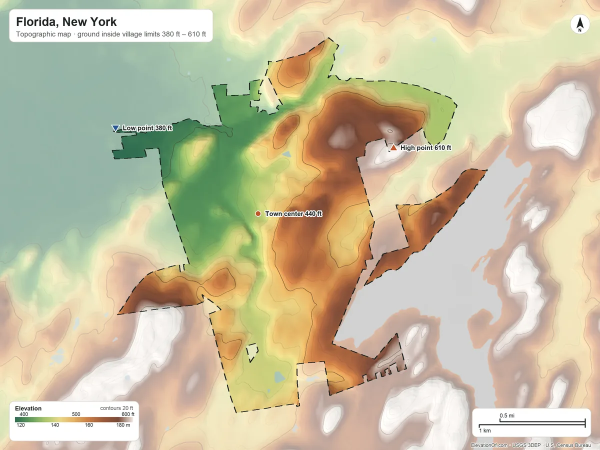 Topographic elevation map of Florida, New York, shaded from 380 ft on the northwest side to 610 ft on the northeast side