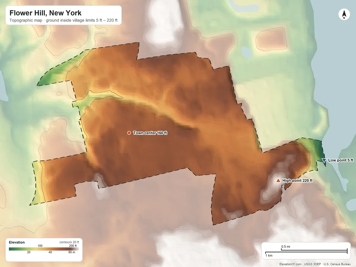 Topographic elevation map of Flower Hill, New York, shaded from 5 ft on the east side to 220 ft on the east side