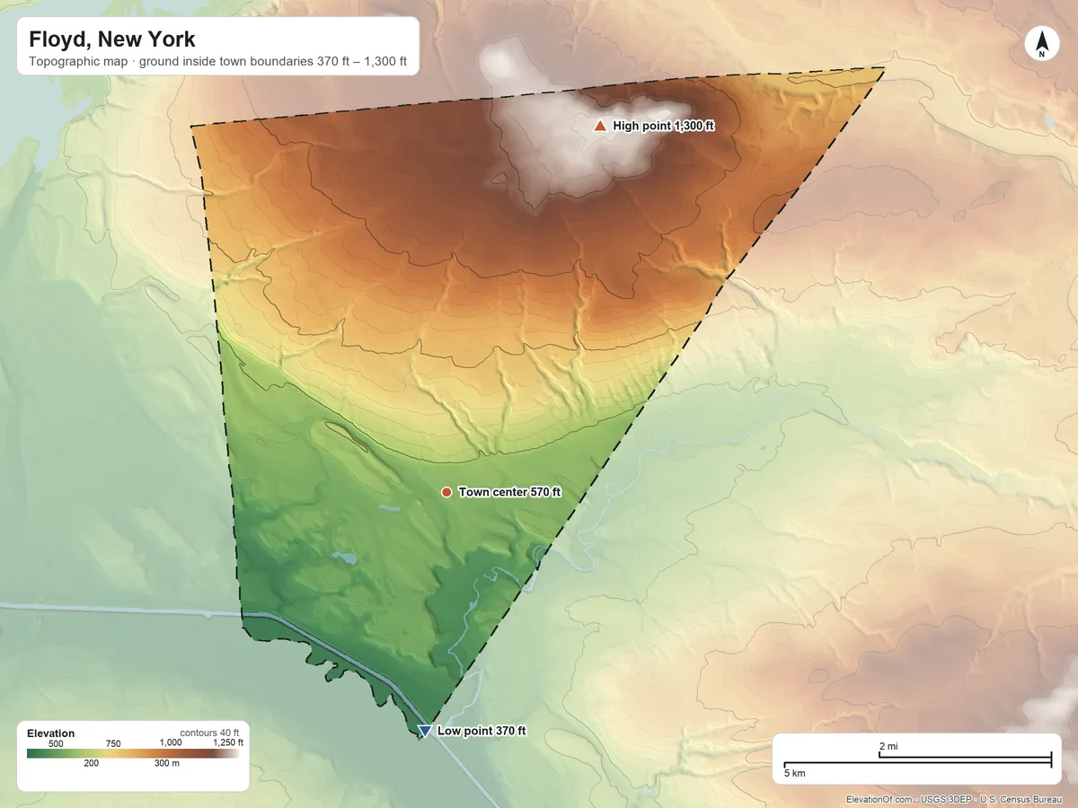 Topographic elevation map of Floyd, New York, shaded from 370 ft on the south side to 1,300 ft on the northeast side