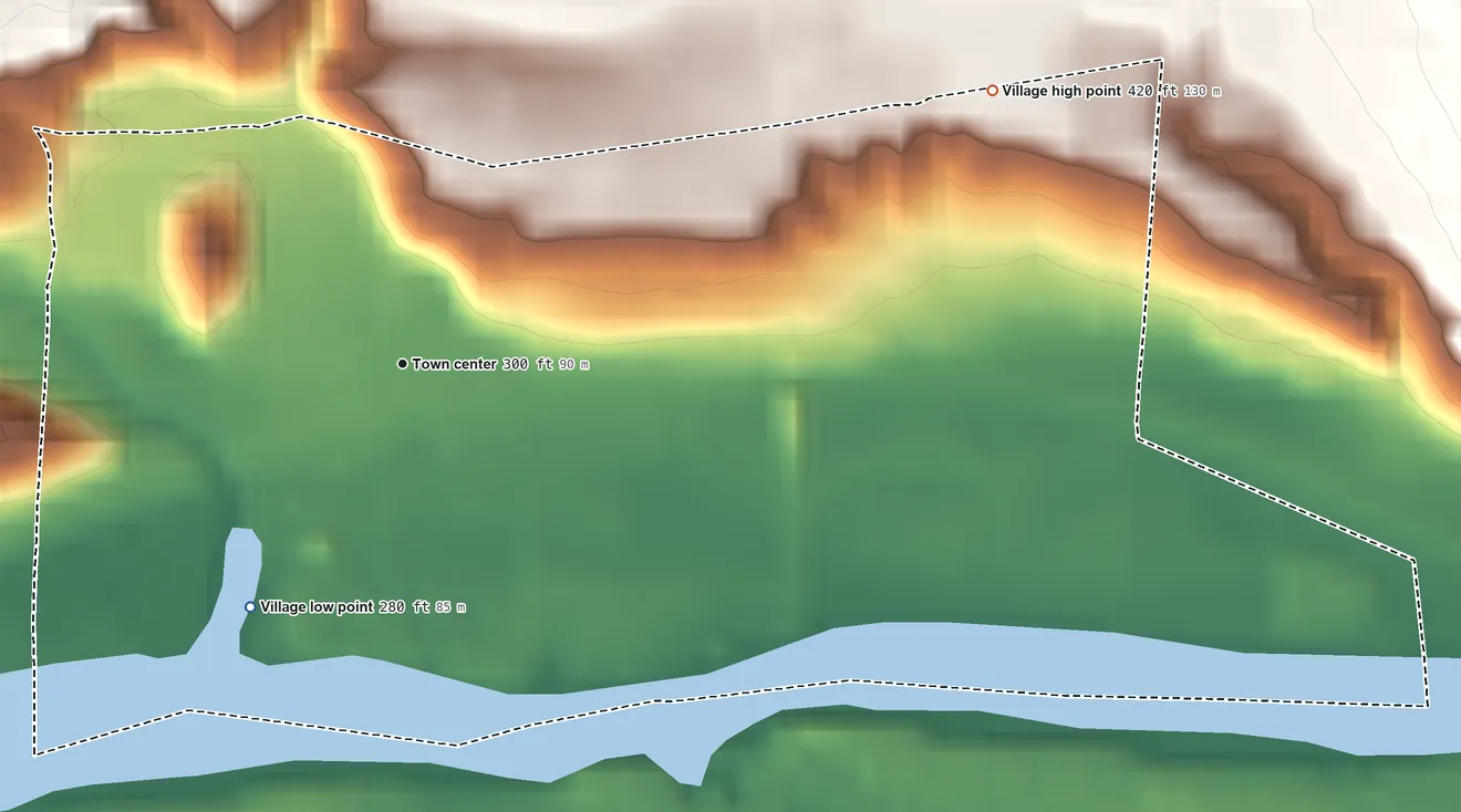 Topographic elevation map of Fonda, New York, shaded from 280 ft on the southwest side to 420 ft on the northeast side
