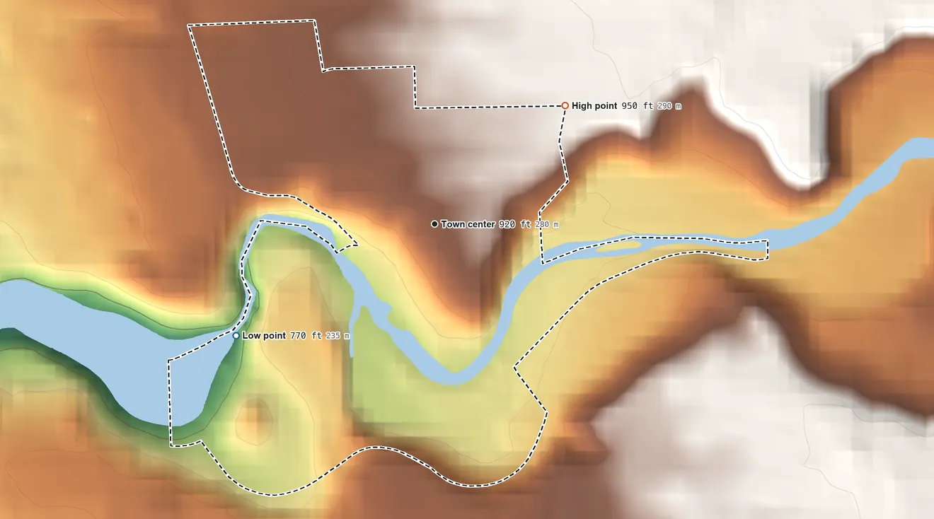 Topographic elevation map of Forest Home, New York, shaded from 770 ft on the southwest side to 950 ft on the northeast side