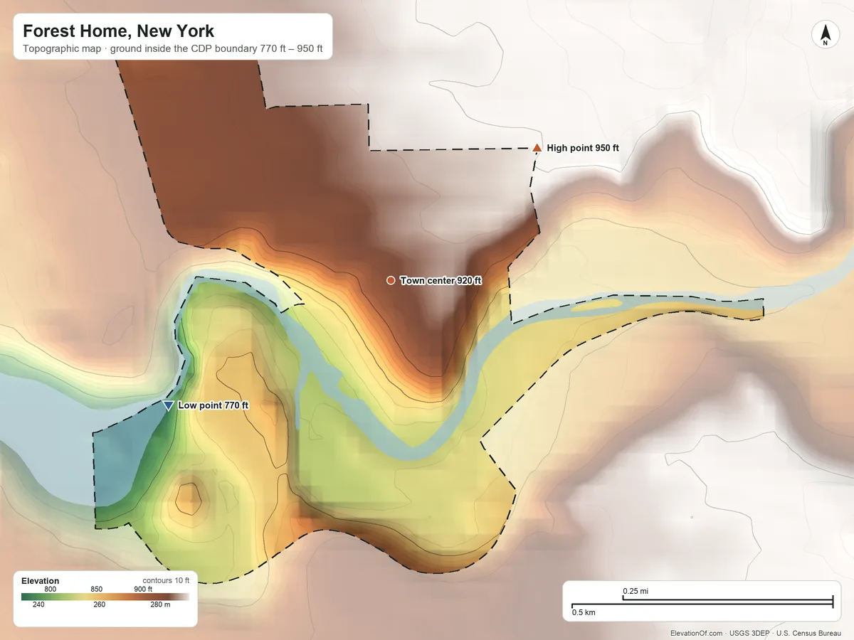Topographic elevation map of Forest Home, New York, shaded from 770 ft on the southwest side to 950 ft on the northeast side