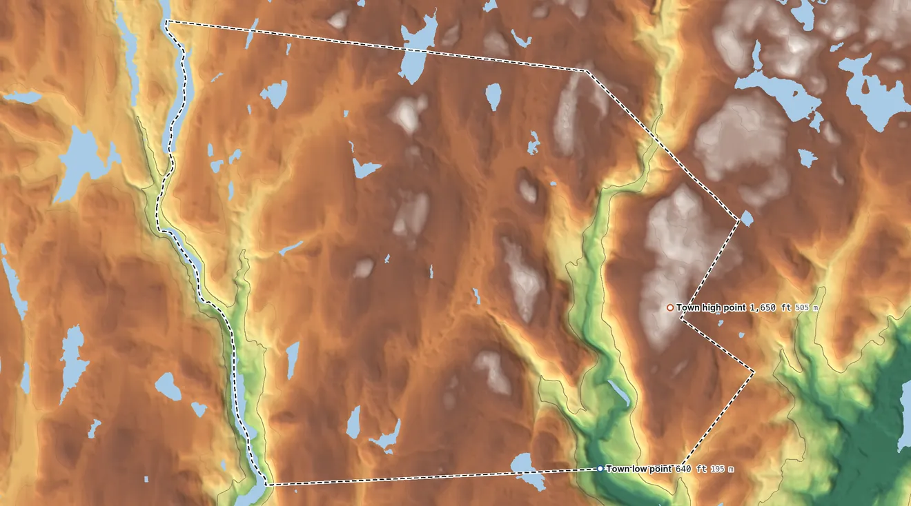 Topographic elevation map of Forestburgh, New York, shaded from 640 ft on the southeast side to 1,650 ft on the southeast side